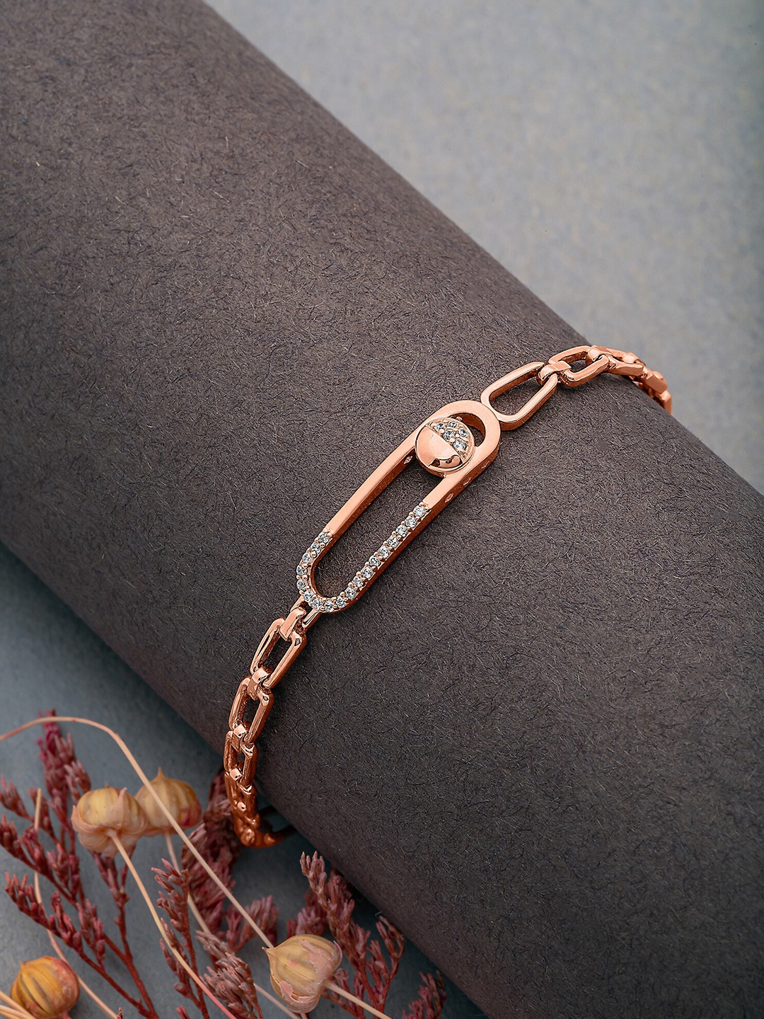 

SILBERRY Rose Gold-Plated 925 Sterling Silver Cubic Zirconia Studded Link Bracelet