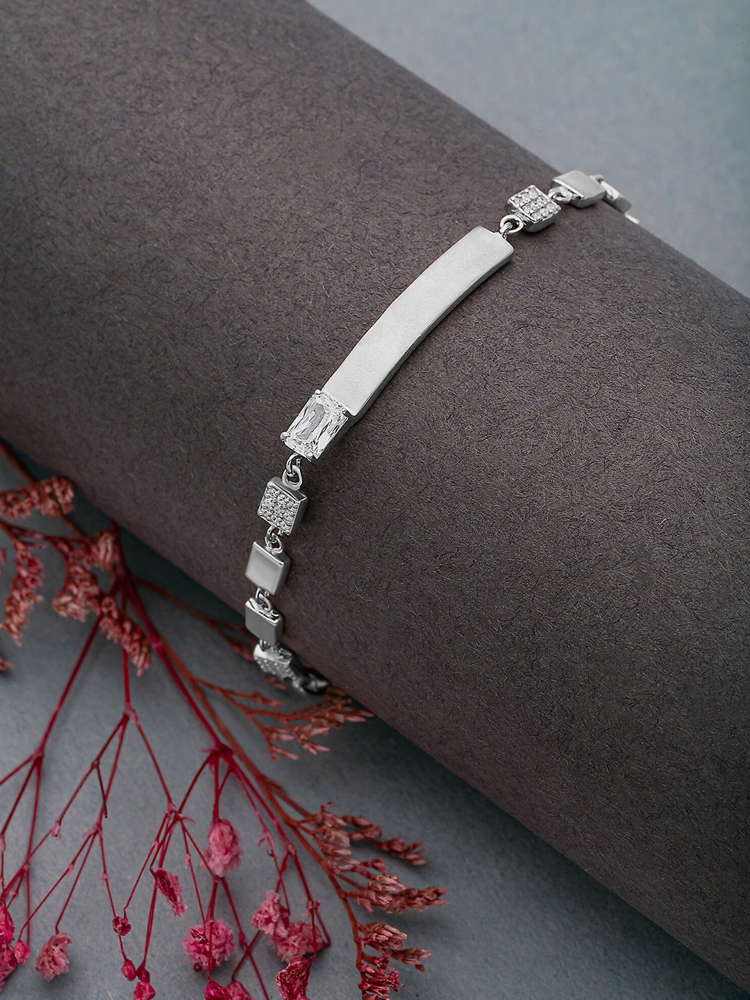 

SILBERRY Rhodium-Plated 925 Sterling Silver Cubic Zirconia Studded Wraparound Bracelet