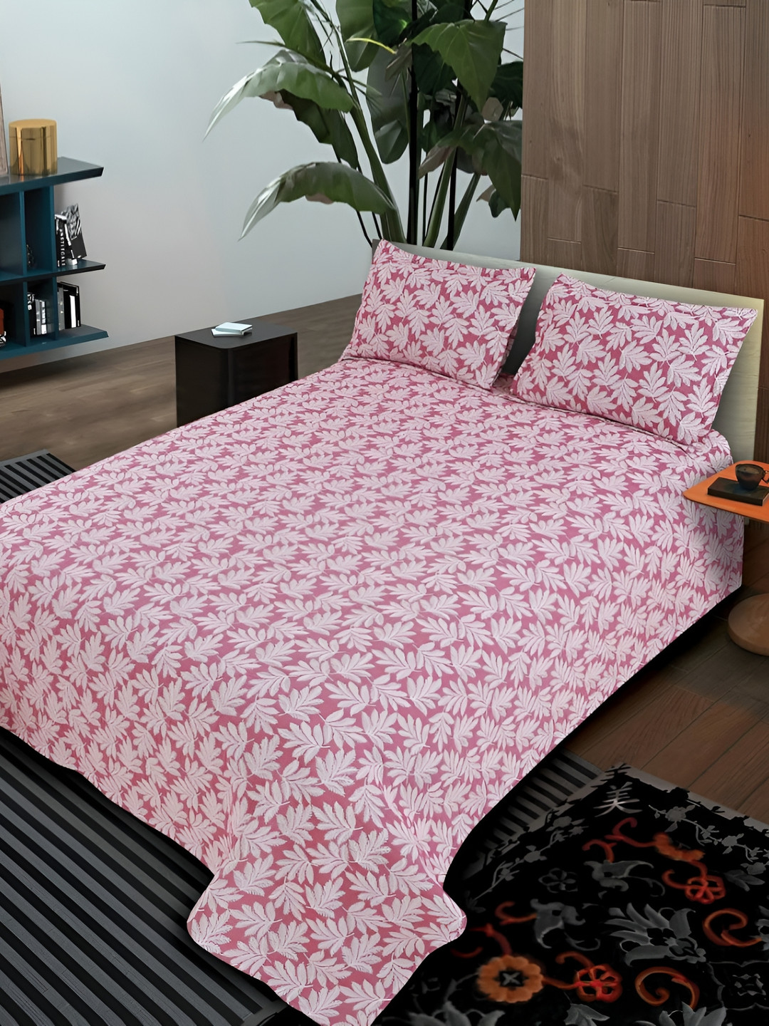 

Signature Pink & White Floral Printed Microfiber 140 TC King Bedsheet with 2 Pillow Covers