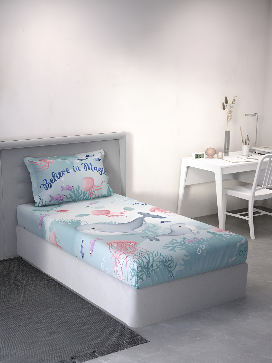

DDecor Blue & Pink Cartoon Characters Cotton 144 TC Single Bedsheet With 1 Pillow Cover