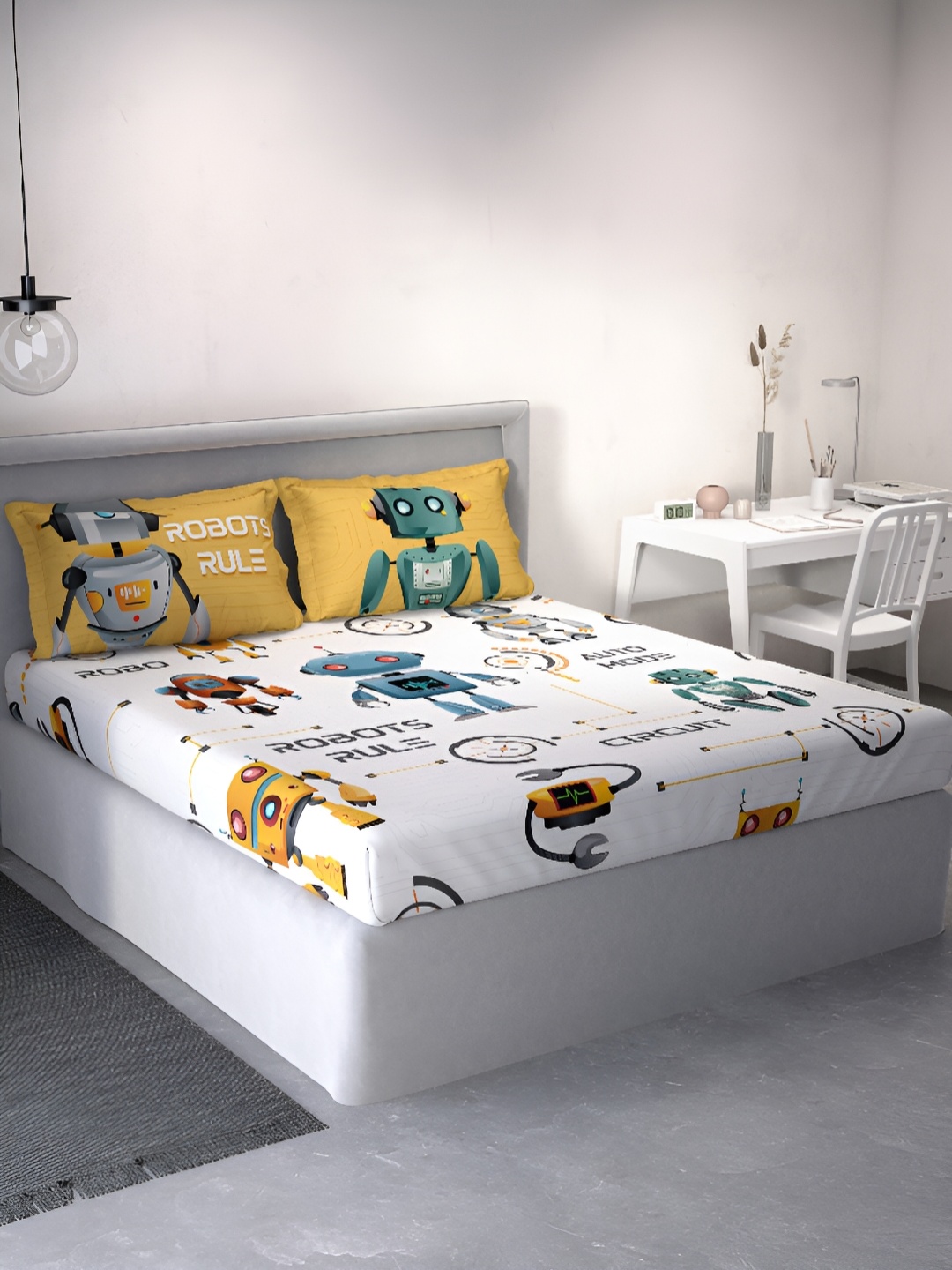 

DDecor White & Blue Cartoon Characters Cotton 144 TC Queen Bedsheet With 2 Pillow Covers