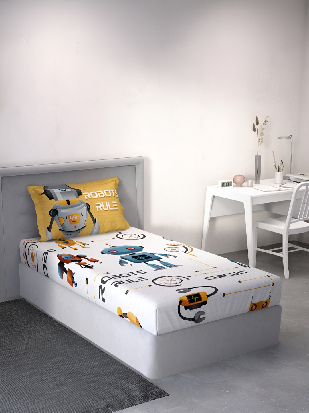 

DDecor White & Blue Cartoon Characters Cotton 144 TC Single Bedsheet With 1 Pillow Cover