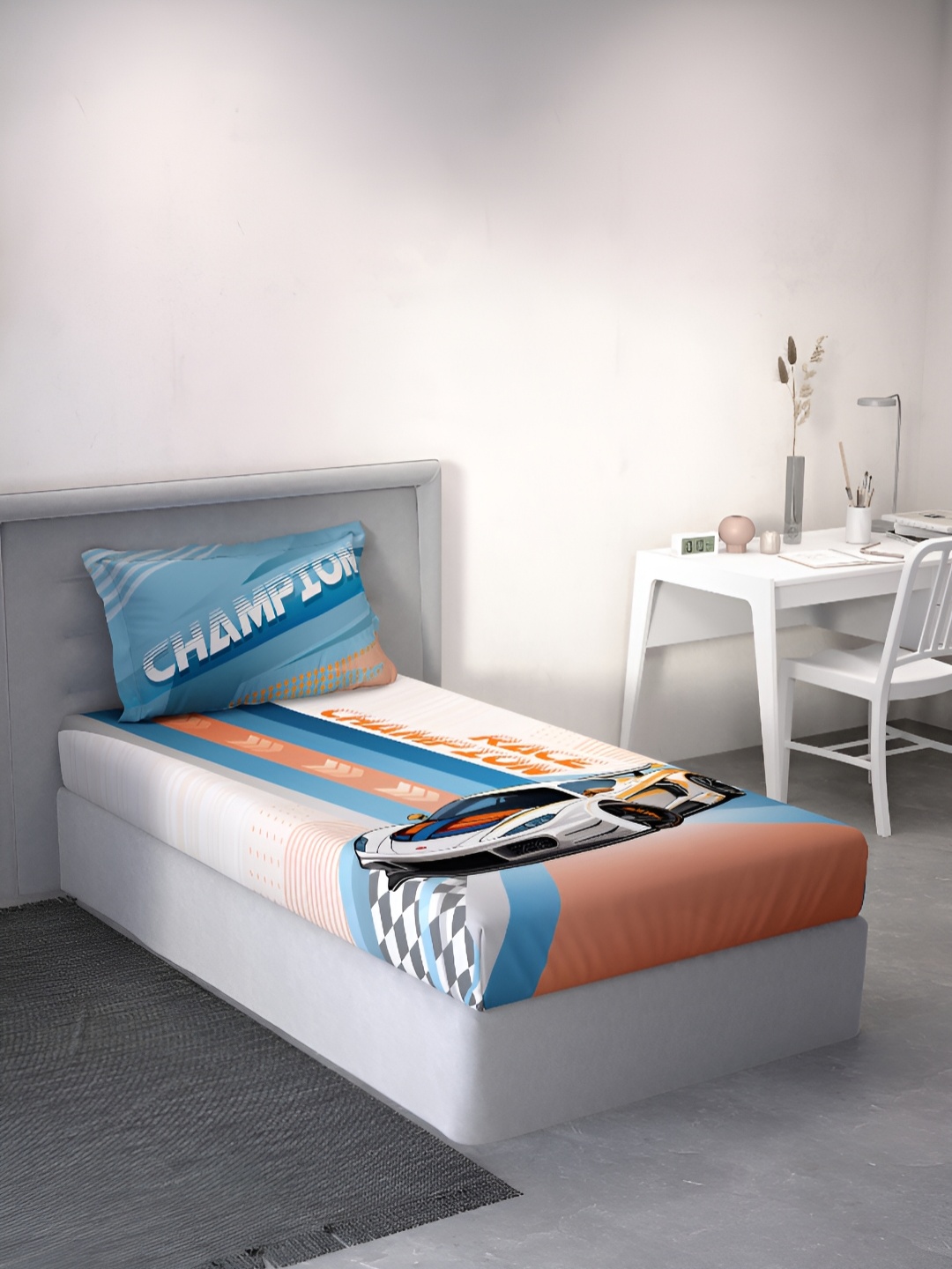 

DDecor Blue & Orange Cartoon Characters Cotton 144 TC Single Bedsheet With 1 Pillow Cover