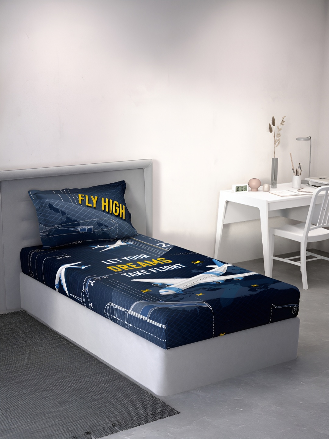 

DDecor Blue & Yellow Conversational Cotton 144 TC Single Bedsheet With 1 Pillow Covers