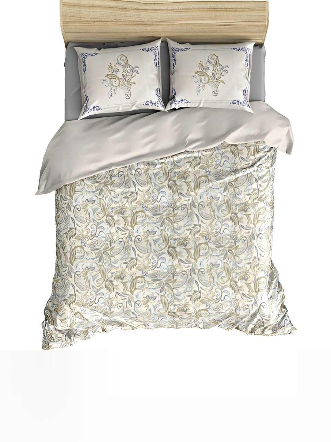 

borato Grey & Green Floral Cotton 300 TC King Bedsheet with 2 Pillow Covers