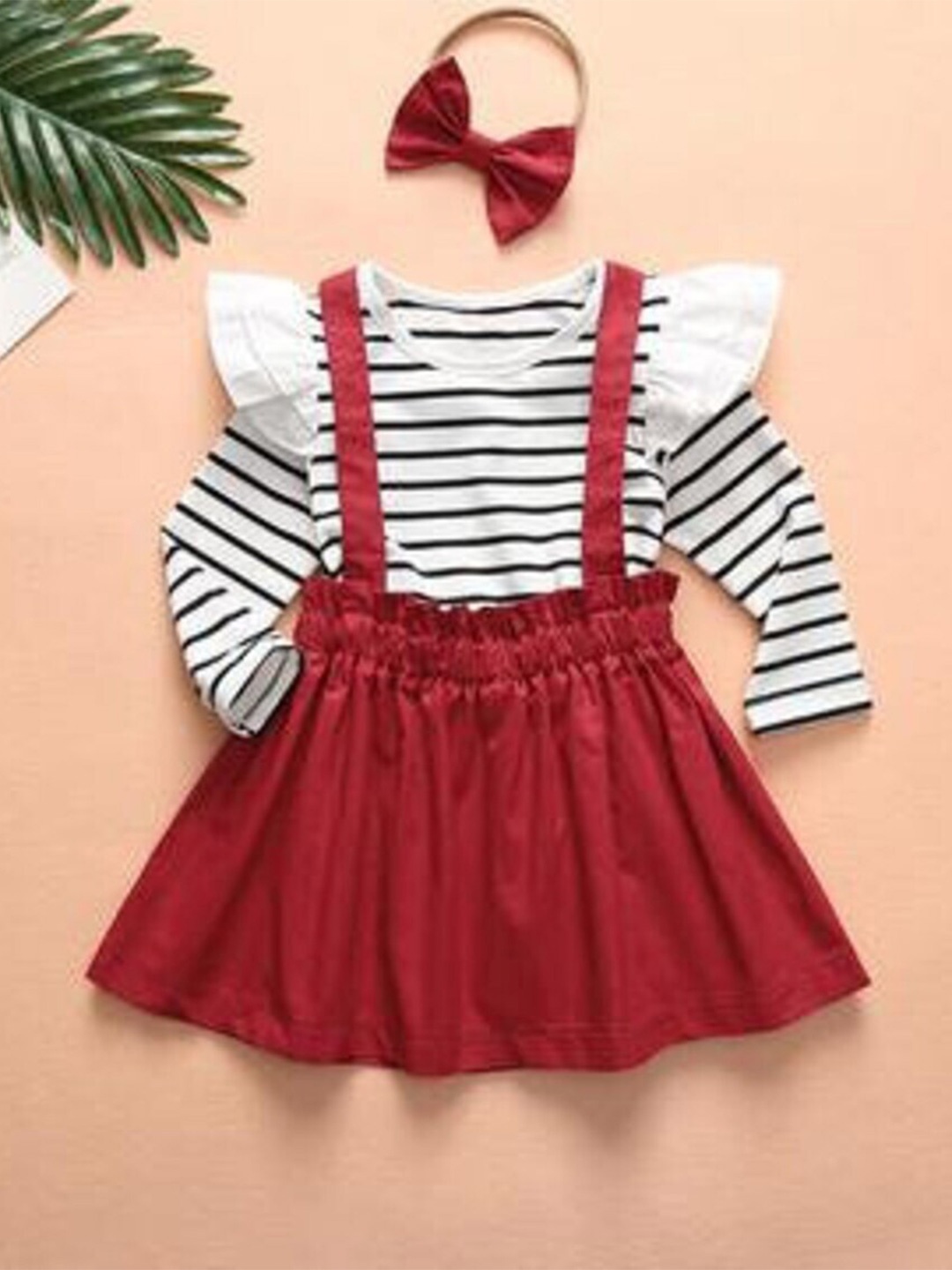 

BAESD Girls Long Sleeves Round Neck Striped Top with Skirt, White