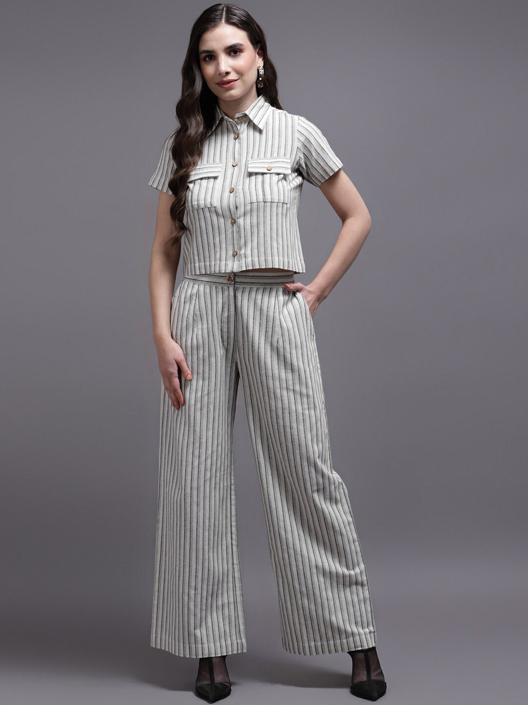 

Cora Printed Cotton Shirt Collar Crop Top With Flared Palazzo Co-Ords, Beige