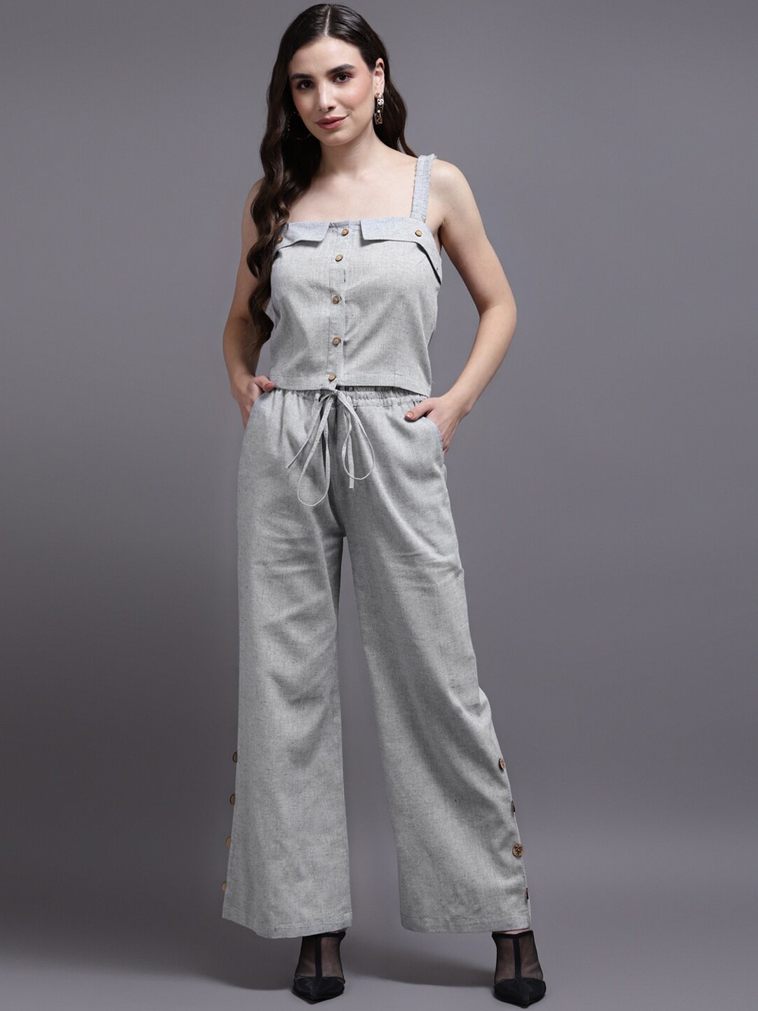 

Cora Pure Cotton Crop Top With Palazzo Co-Ords, Grey