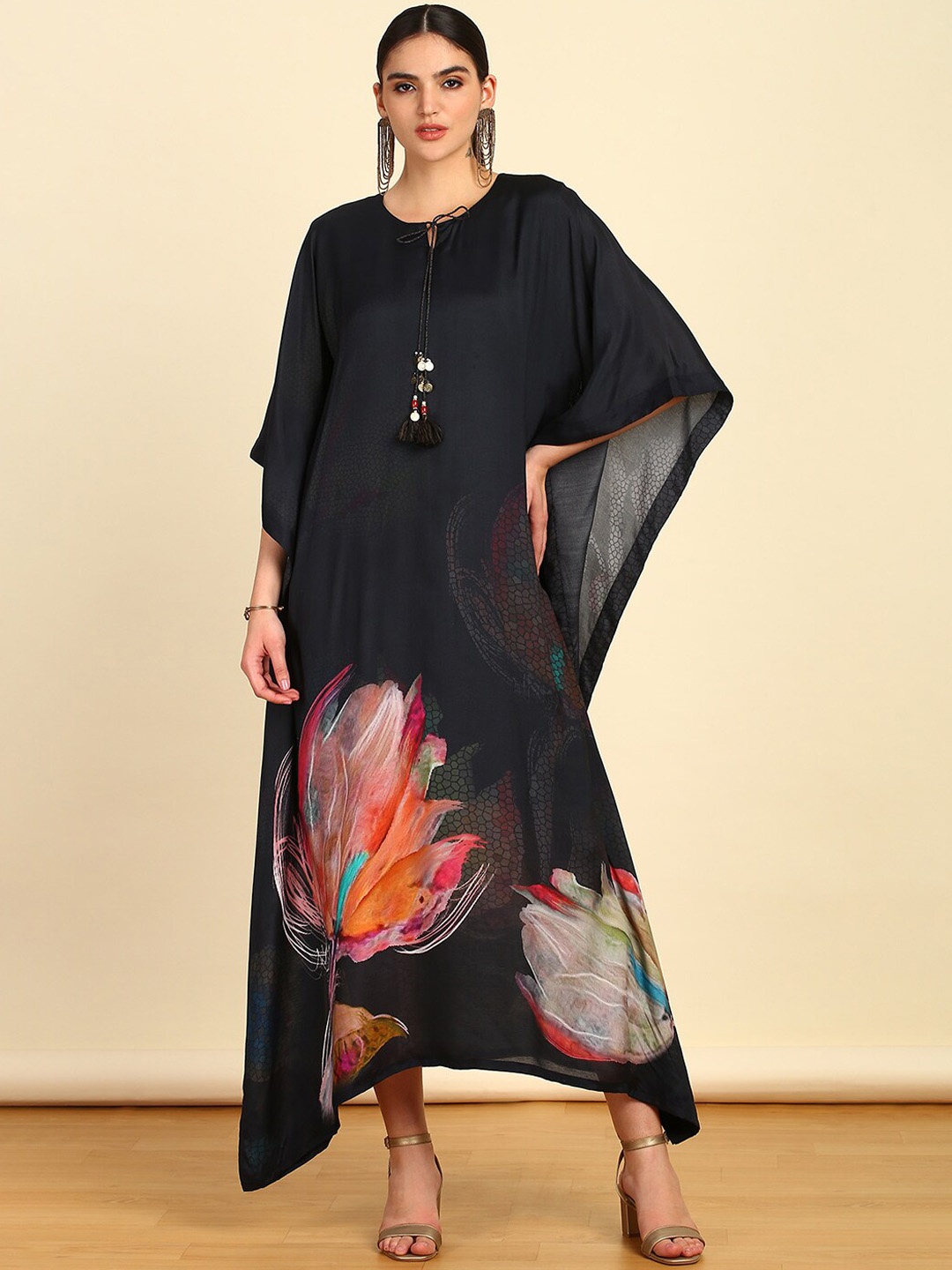 

Soch Charcoal Floral Printed Tie-Up Neck Kimono Sleeves Kaftan Maxi Ethnic Dress