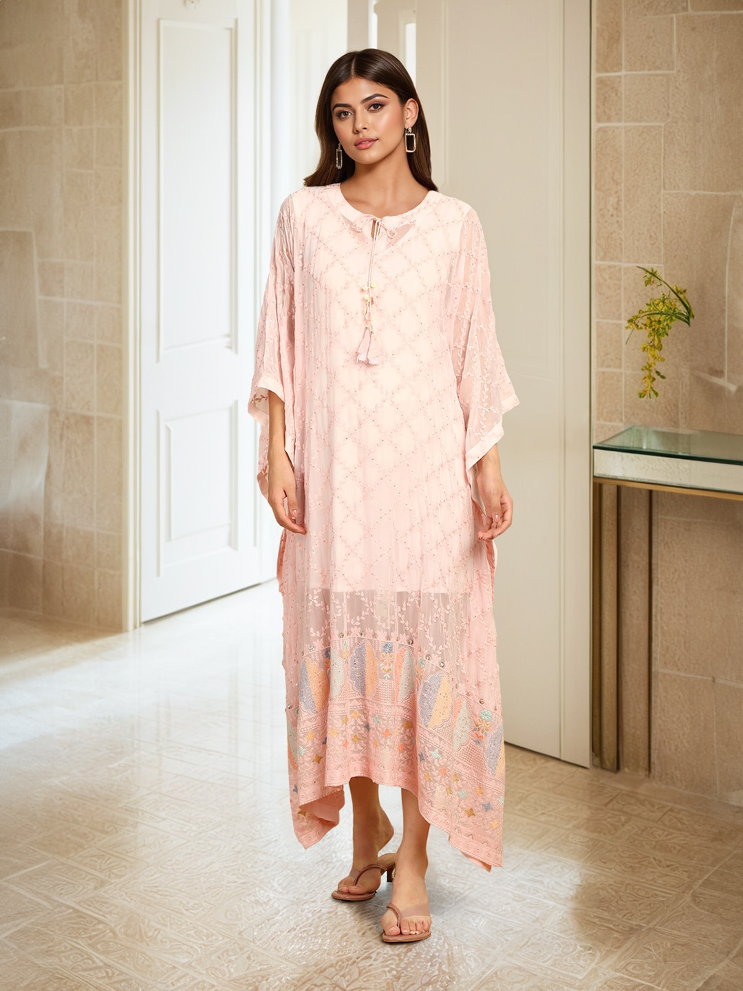 

Soch Pink Embroidered Kimono Sleeves Kaftan Dress With Top