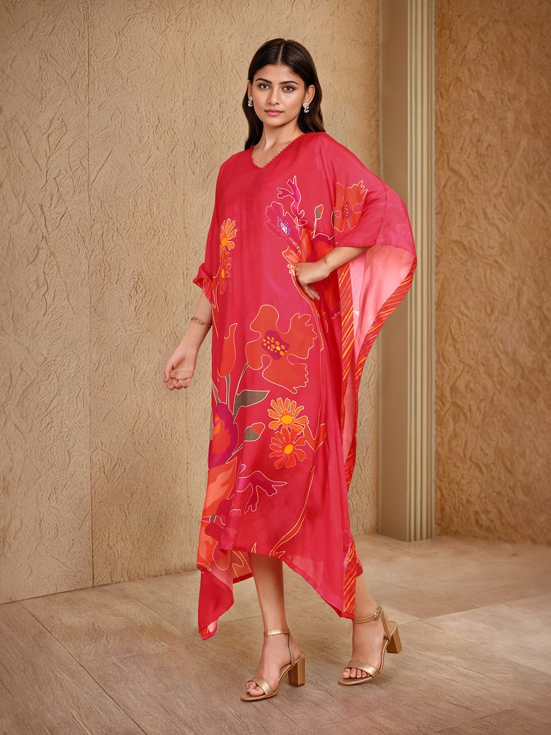 

Soch Fuchsia Floral Printed V-Neck Kimono Sleeves Cotton Kaftan Maxi Ethnic Dress