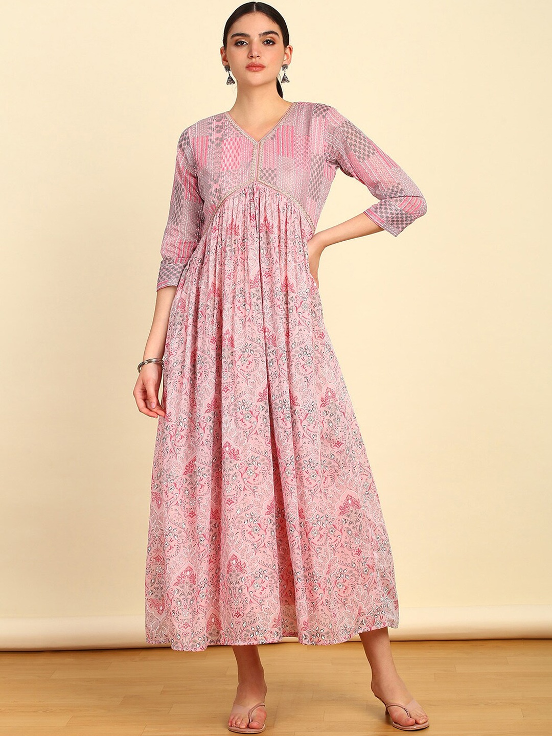 

Soch Printed Cotton Flared Ethnic Dresses, Pink