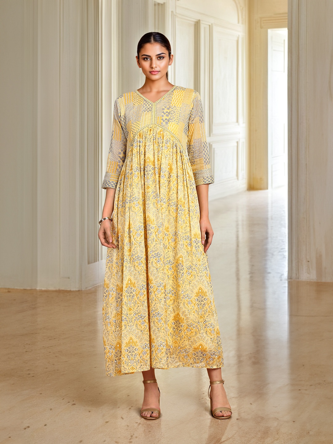 

Soch Yellow Floral Printed Cotton Fit and Flare Maxi Ethnic Dress