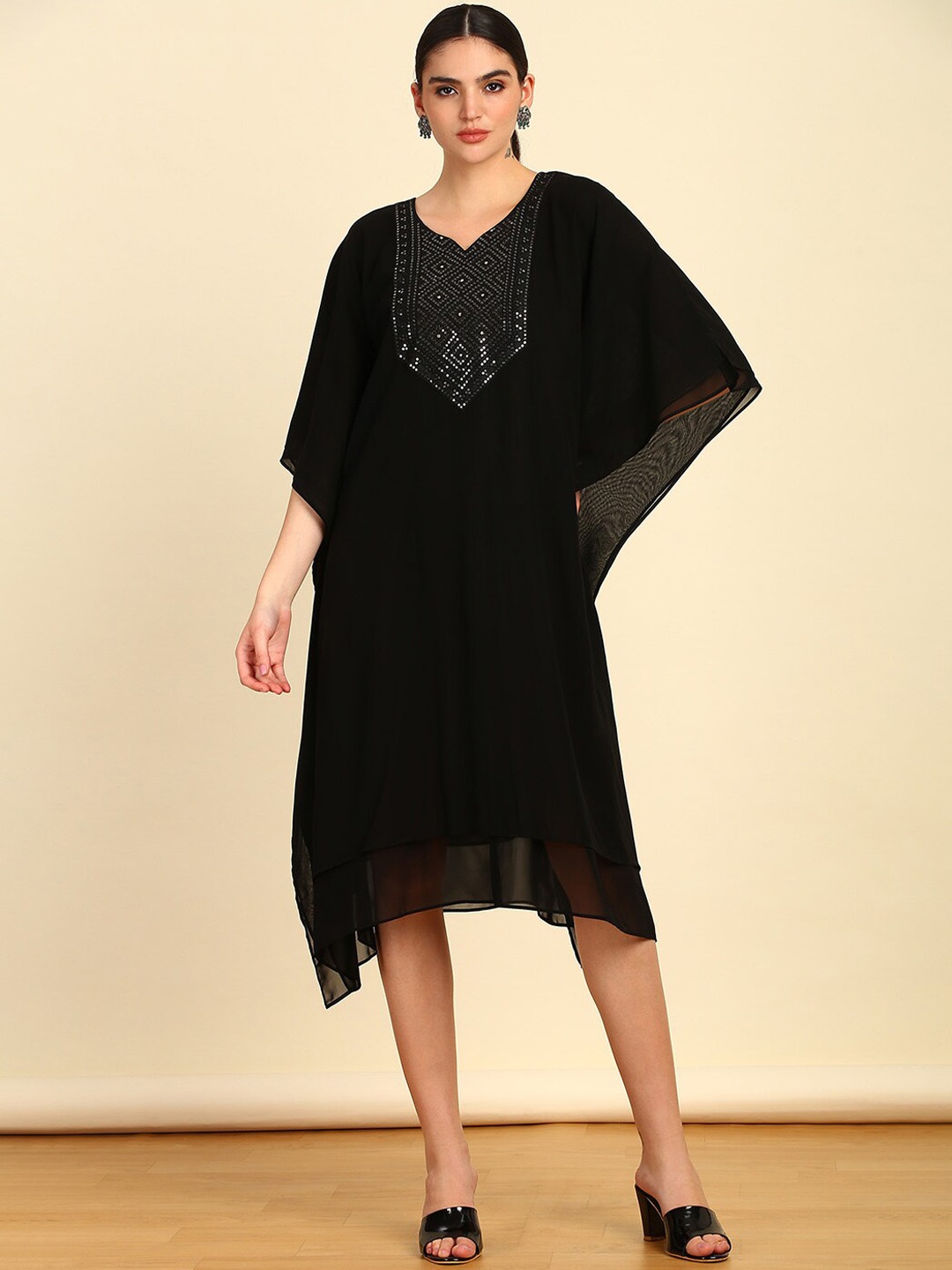 

Soch V-Neck Extended Sleeves Sequined Georgette Kaftan Ethnic dress, Black