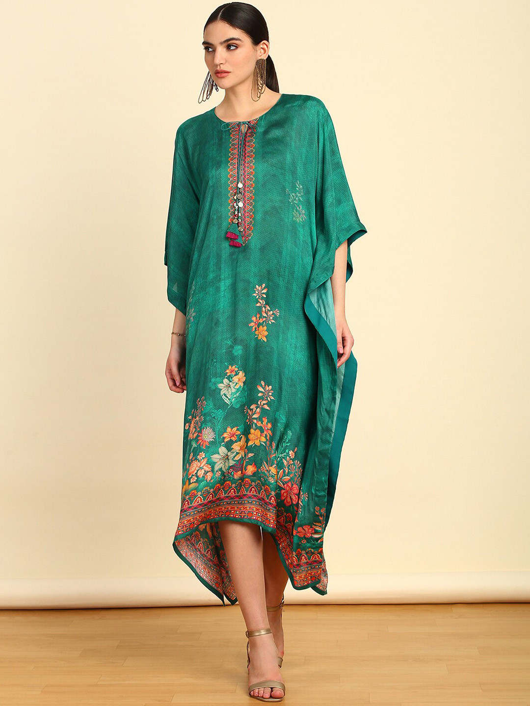 

Soch Teal Green Floral Printed Tie Up Neck Kimono Sleeves Kaftan Midi Ethnic Dress
