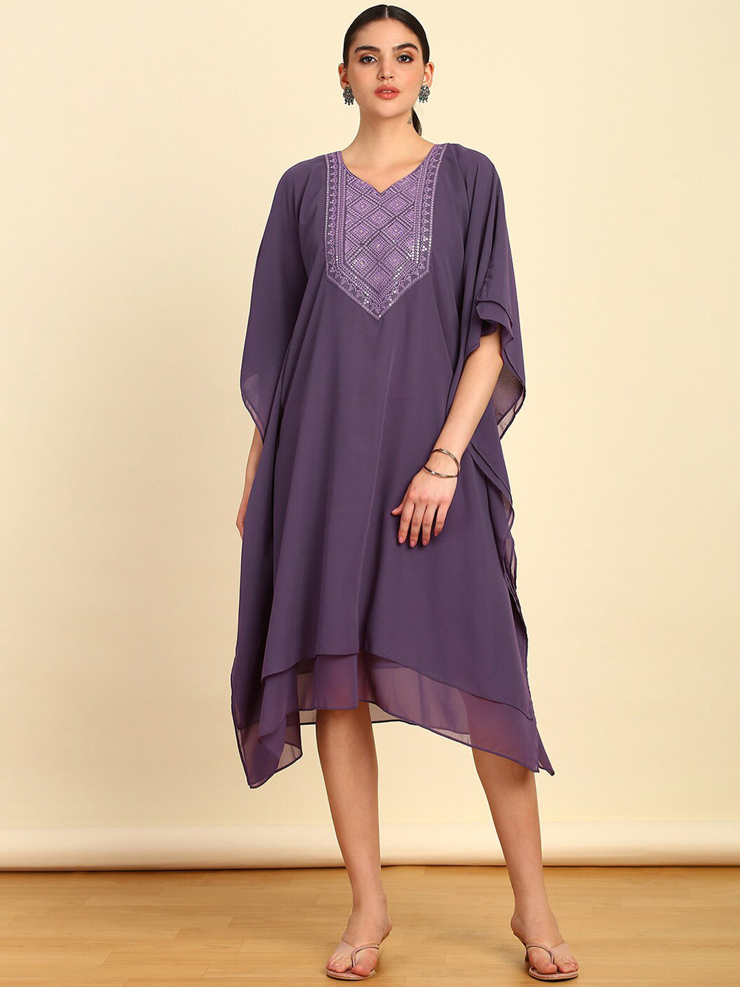 

Soch Purple Yoke Embroidered V-Neck Sequinned Detail Midi Kaftan Ethnic Dress