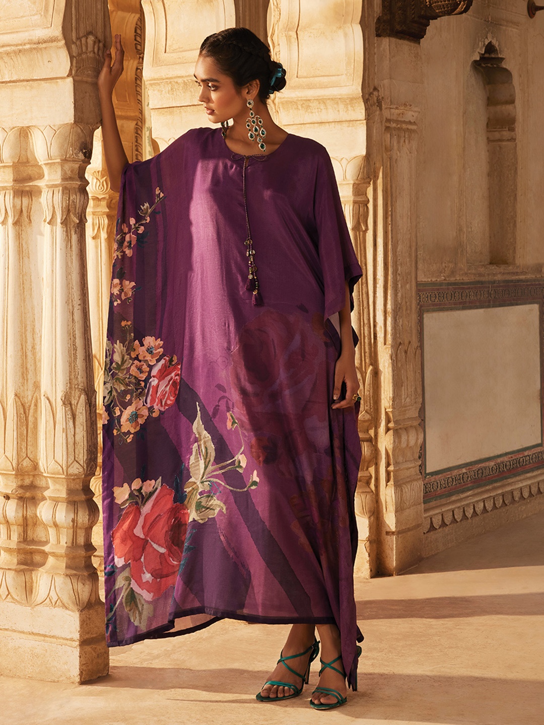 

Soch Purple Floral Printed Tie Up Neck Kimono Sleeves Kaftan Maxi Ethnic Dress