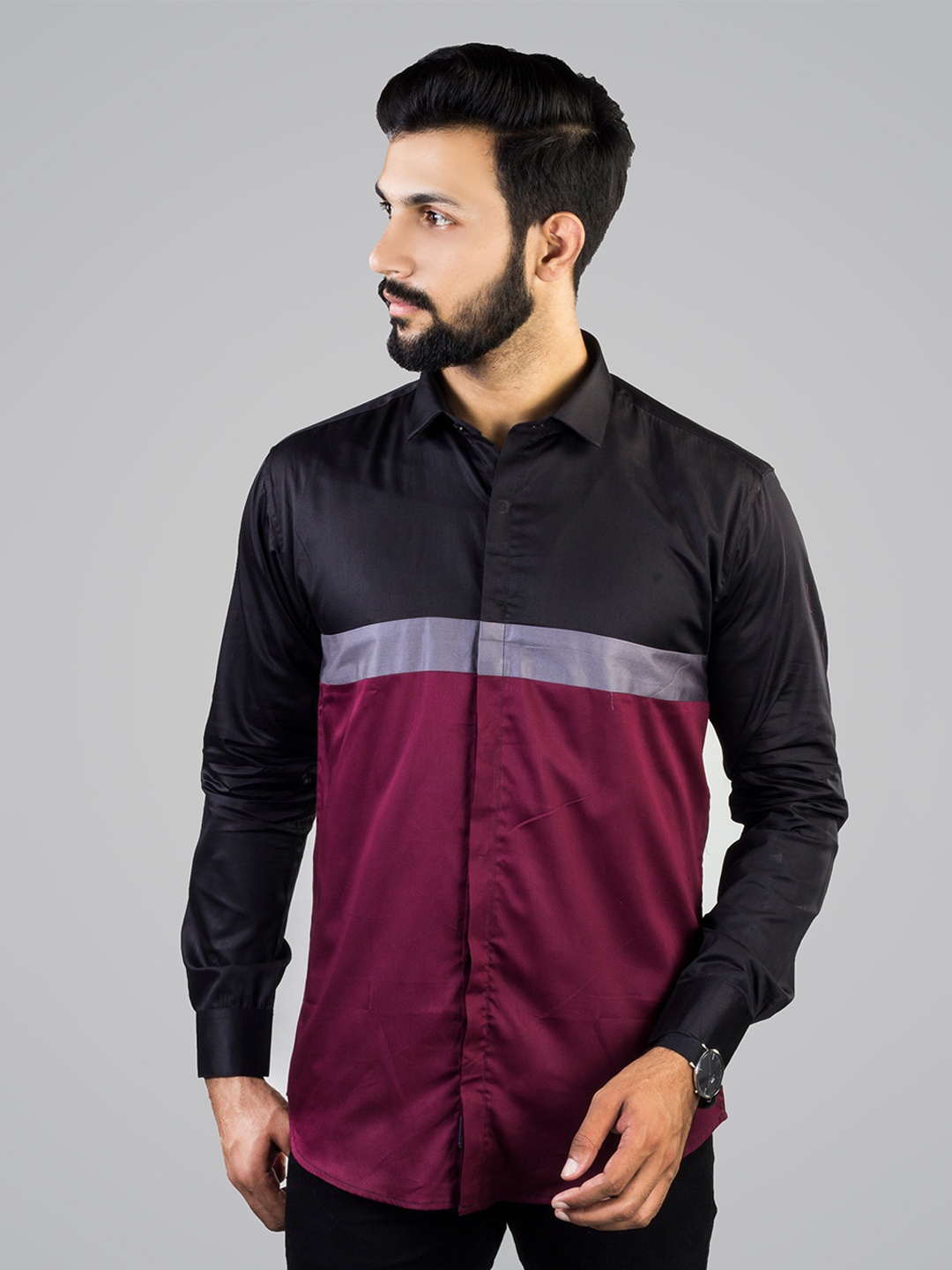 INDIAN THREADS Comfort Spread Collar Colourblocked Cotton Casual Shirt, Black