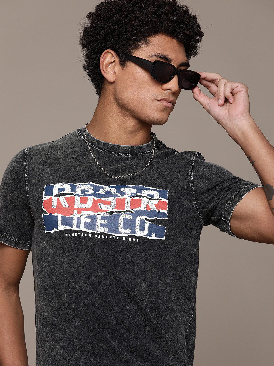 

The Roadster Lifestyle Co. Washed Typography Print Pure Cotton T-shirt, Charcoal