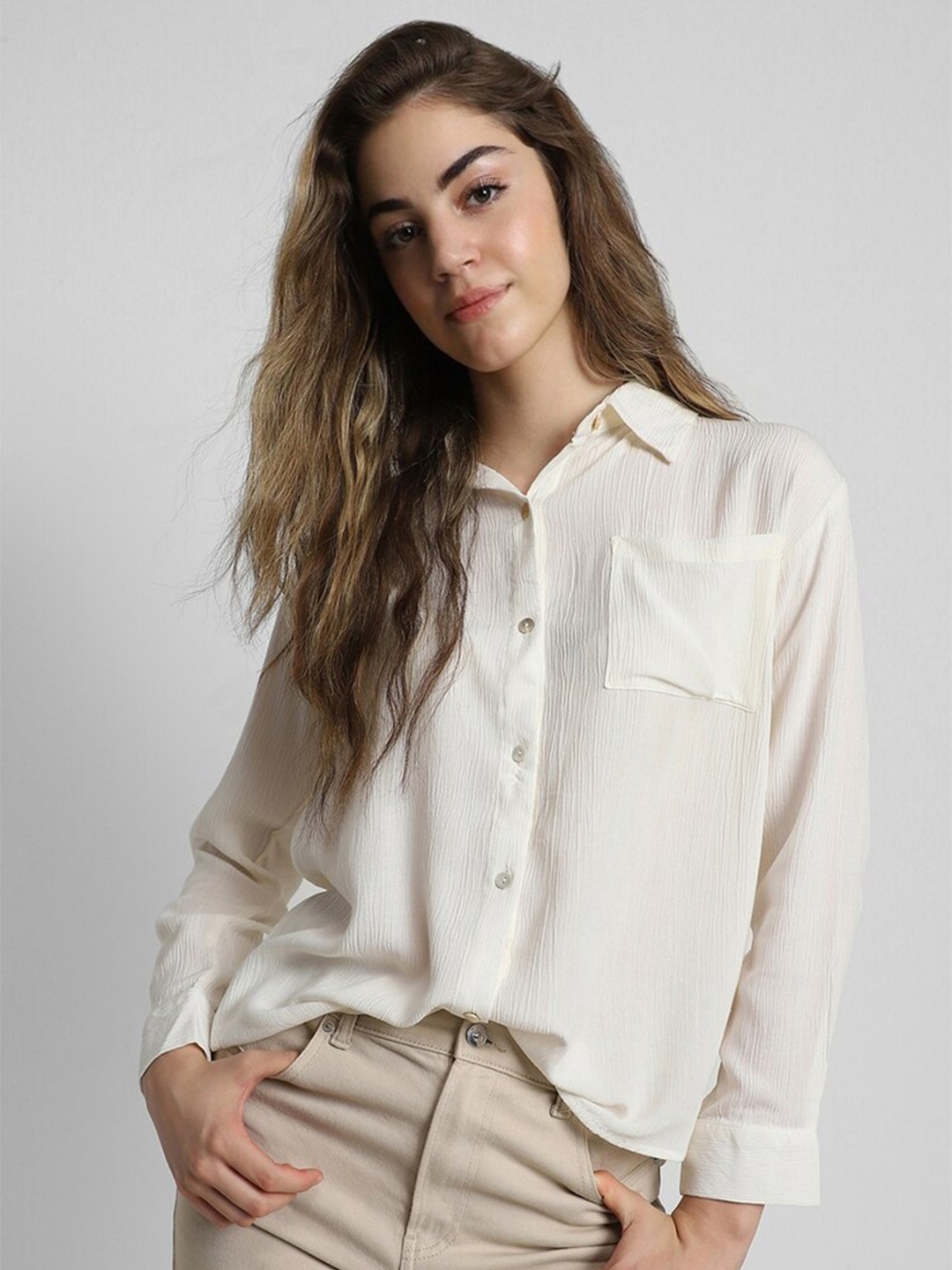 

FOREVER 21 Regular Fit Textured Casual Shirt, Cream