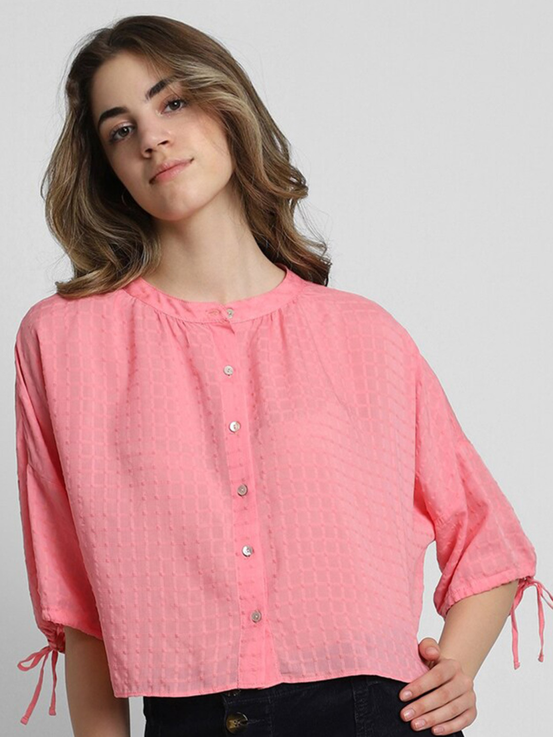 

FOREVER 21 Band Collar Self Design Drop Shoulder Sleeves Cotton Casual Regular Fit Shirt, Pink