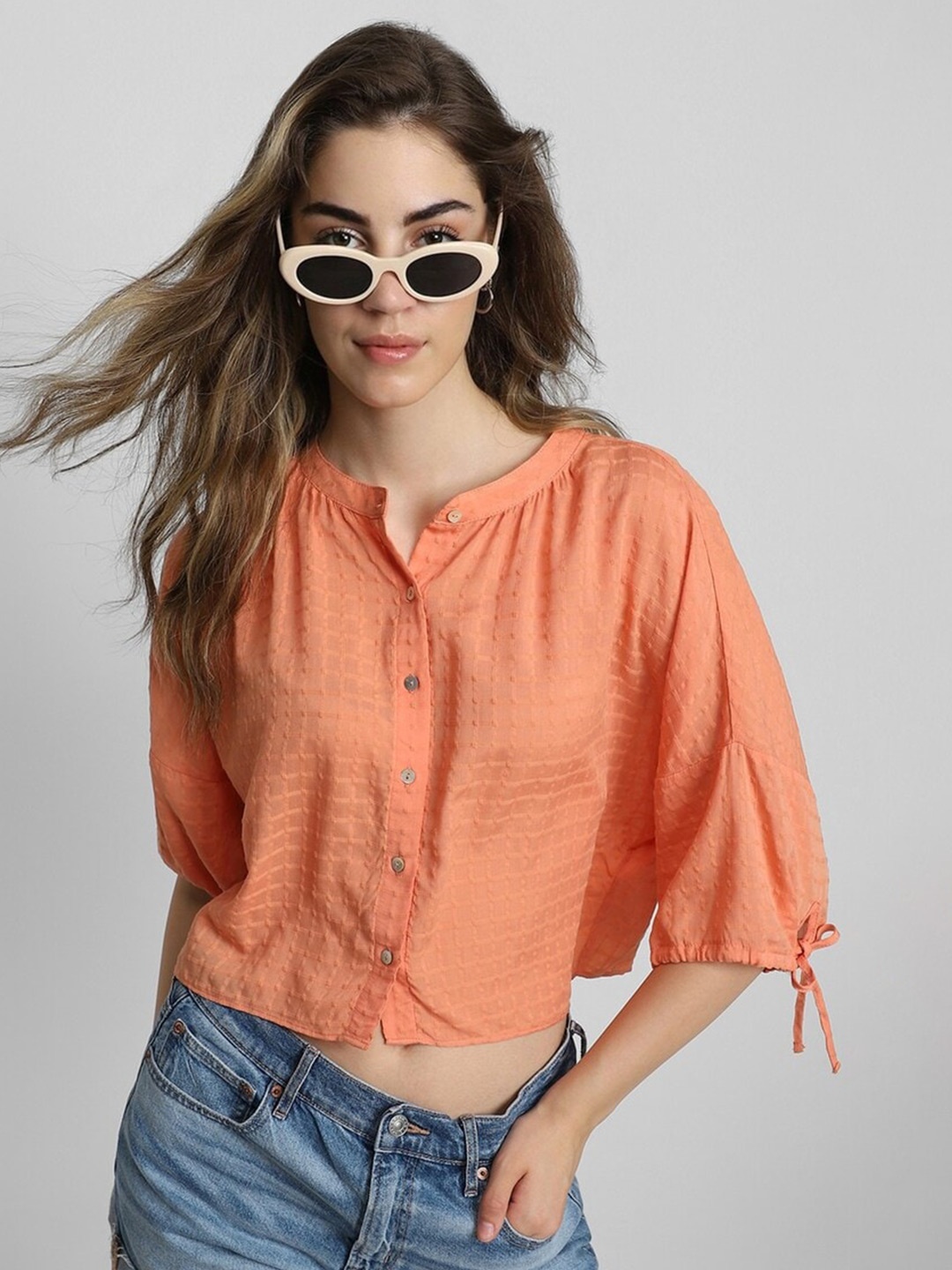 

FOREVER 21 Checked Mandarin Collar Puff Sleeves Casual Shirt, Orange