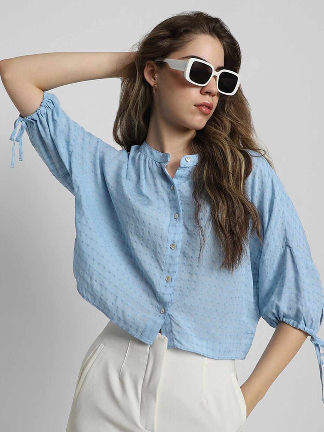 

FOREVER 21 Band Collar Self Design Cotton Drop Shoulder Sleeves Casual Regular Fit Shirt, Blue