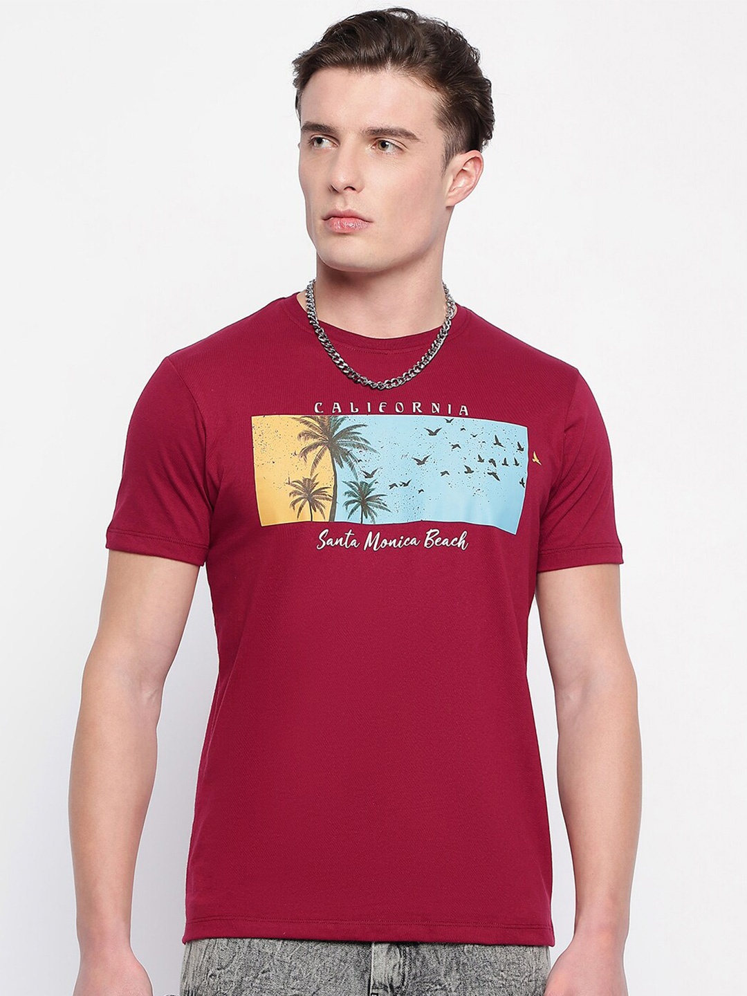 

Wear Your Mind People & Places Printed Round Neck Cotton T-shirt, Maroon