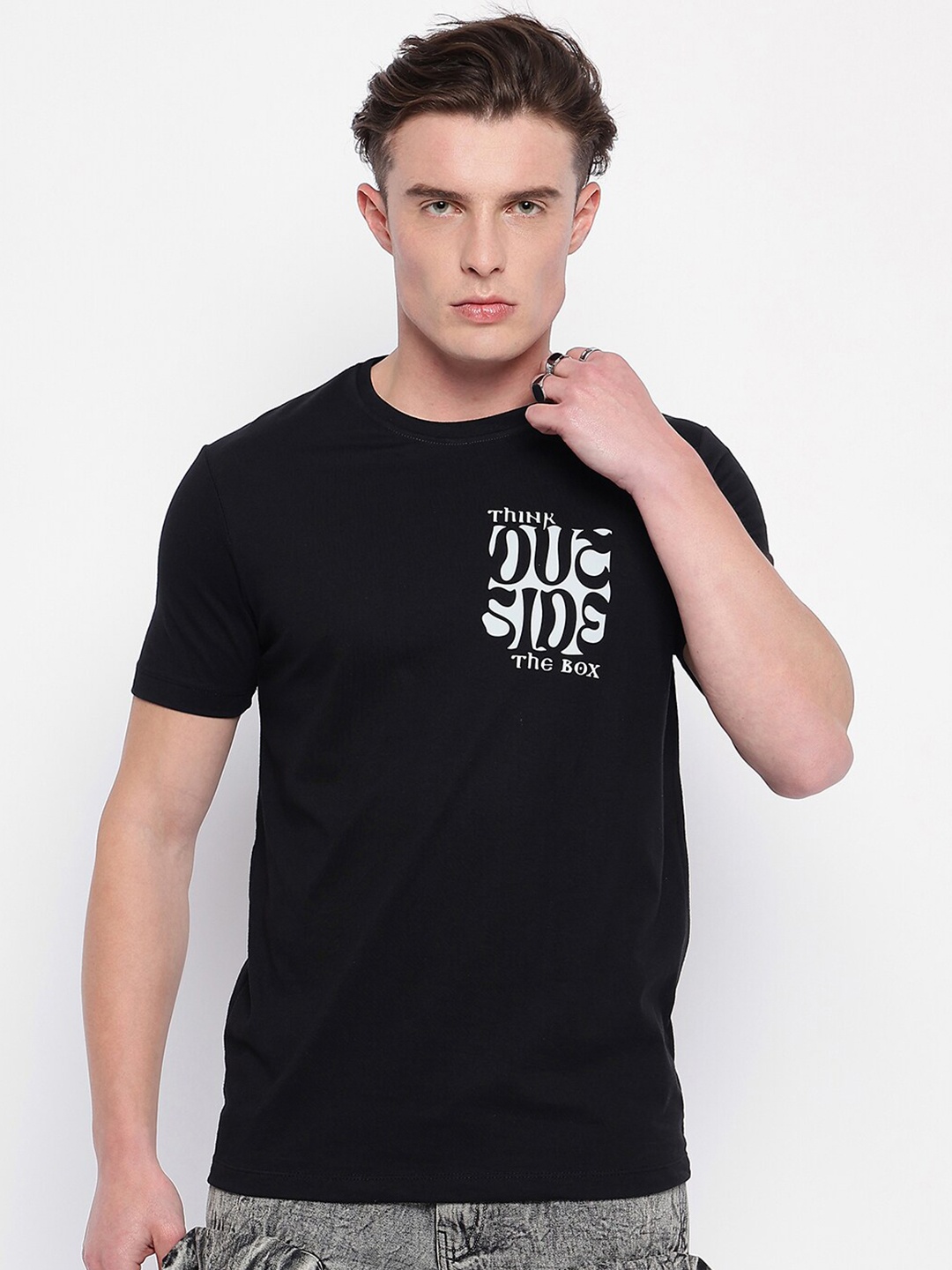 

Wear Your Mind Men Typography Printed Applique T-shirt, Black