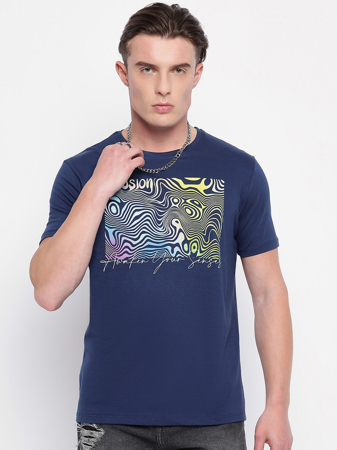 

Wear Your Mind Graphic Printed Round Neck Cotton Casual T-shirt, Blue