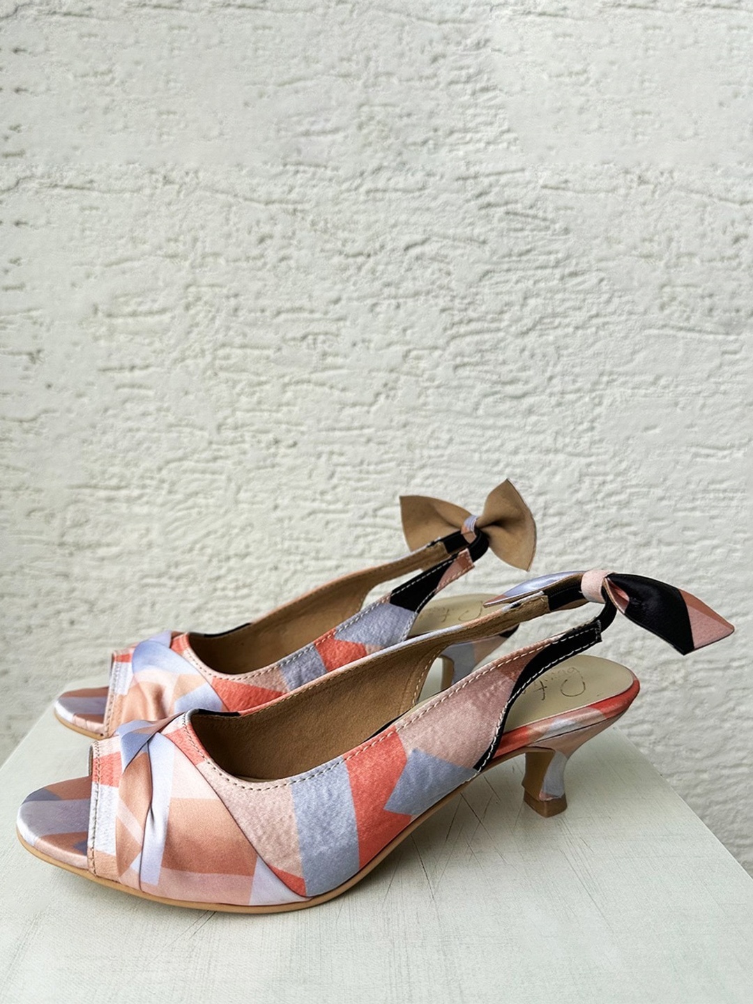 

Bowtoes Printed Bow Detailed Peep Toe Kitten Heels, Pink