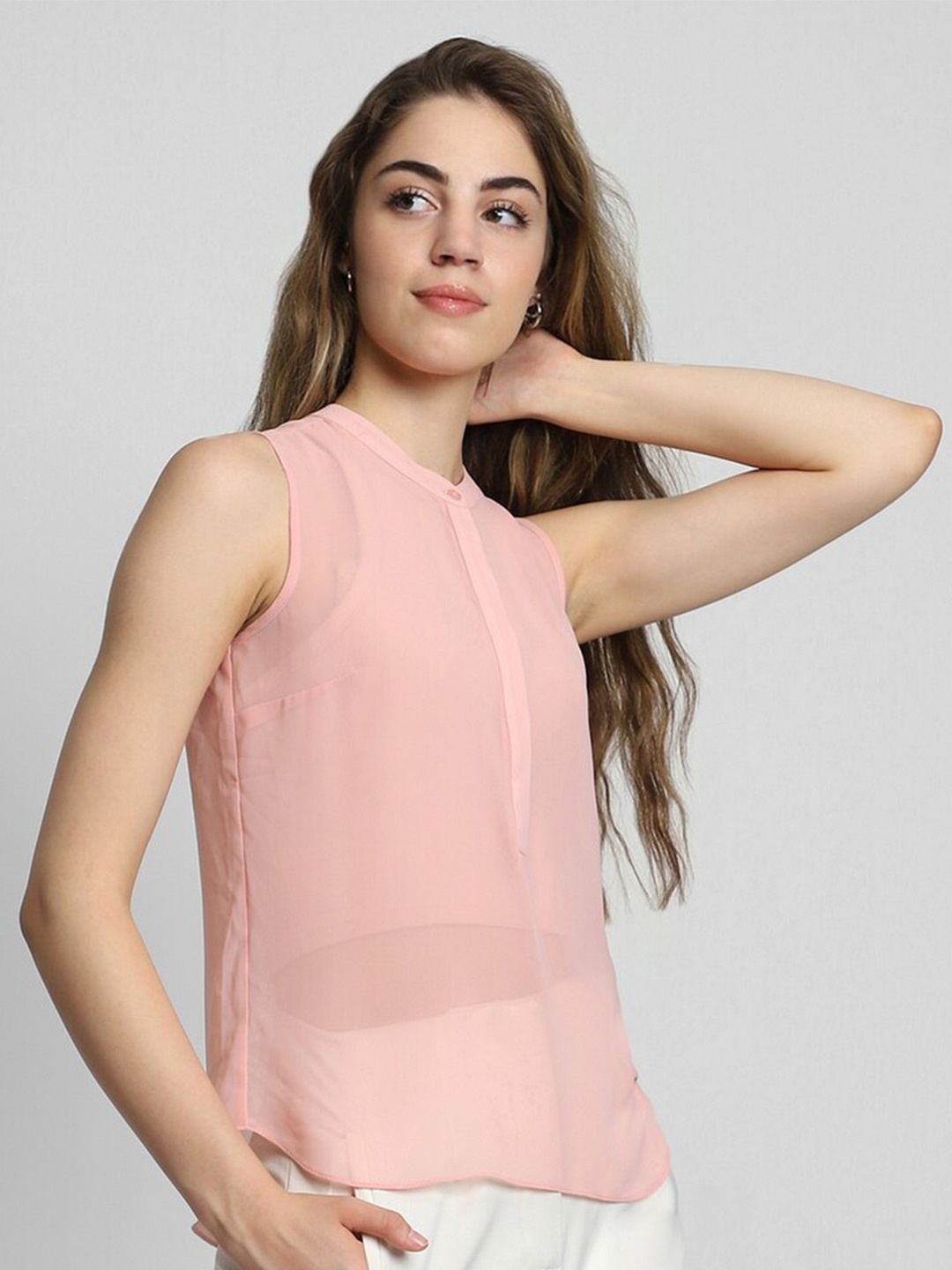 

FOREVER 21 Band Collar Semi Sheer Top, Pink