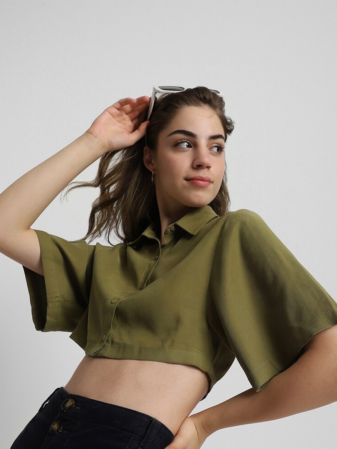 

FOREVER 21 Flared Sleeves Shirt Style Crop Top, Olive
