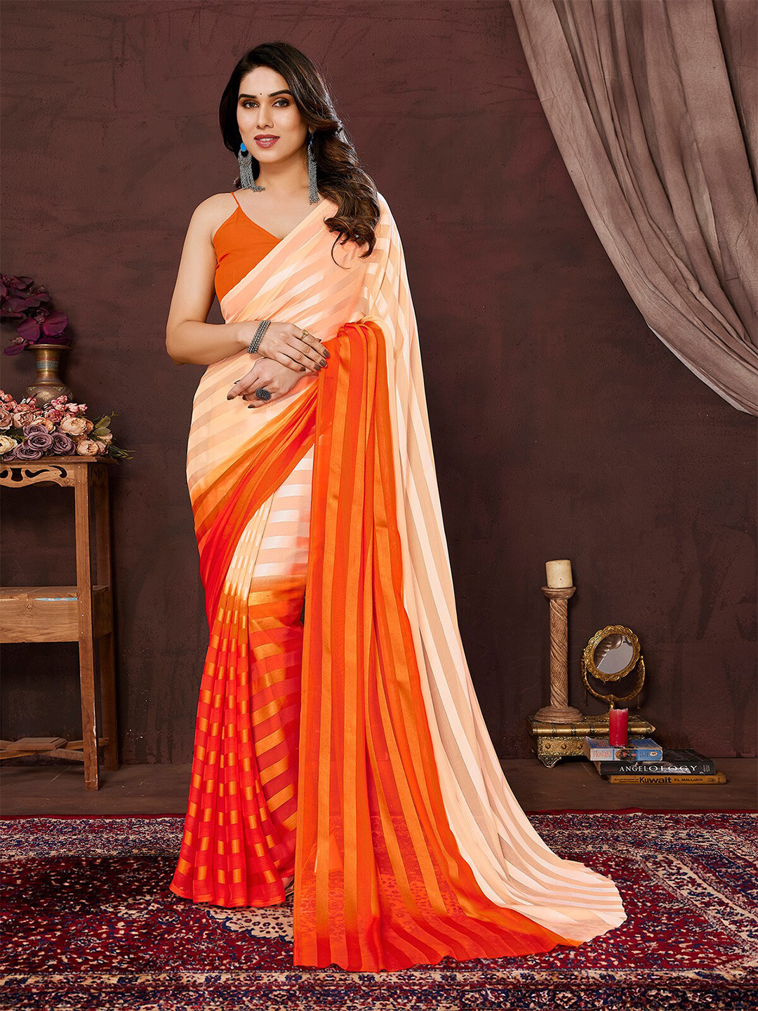 

ANAND SAREES Striped Satin Saree, Orange