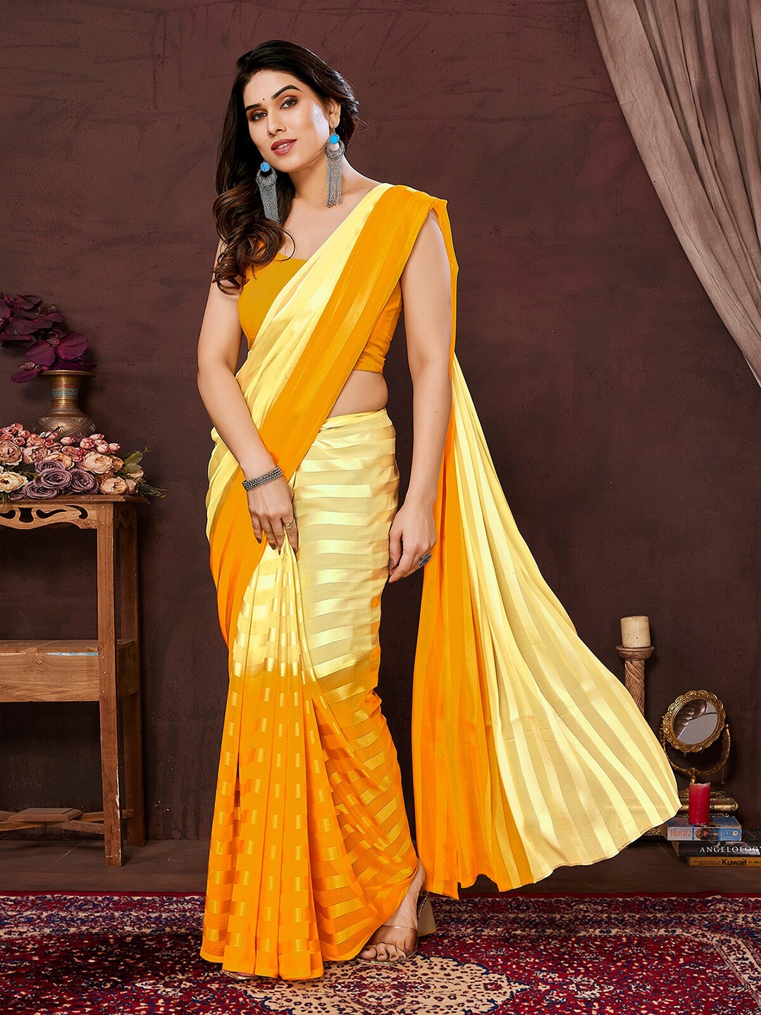 

ANAND SAREES Striped Satin Saree, Yellow