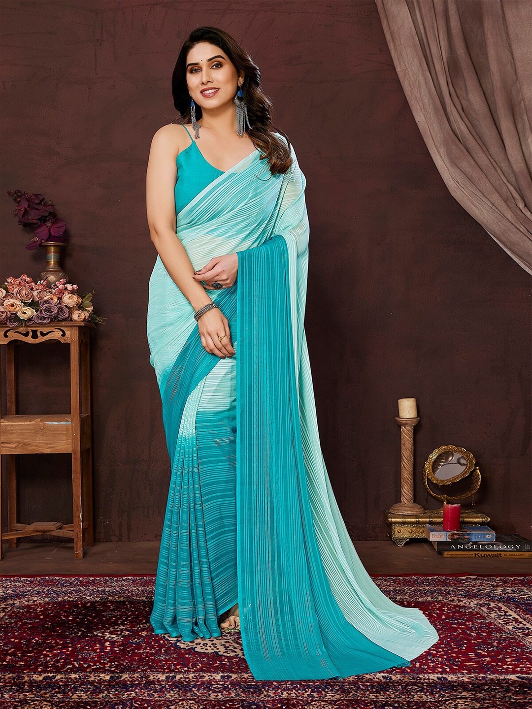 

ANAND SAREES Striped Satin Saree, Blue