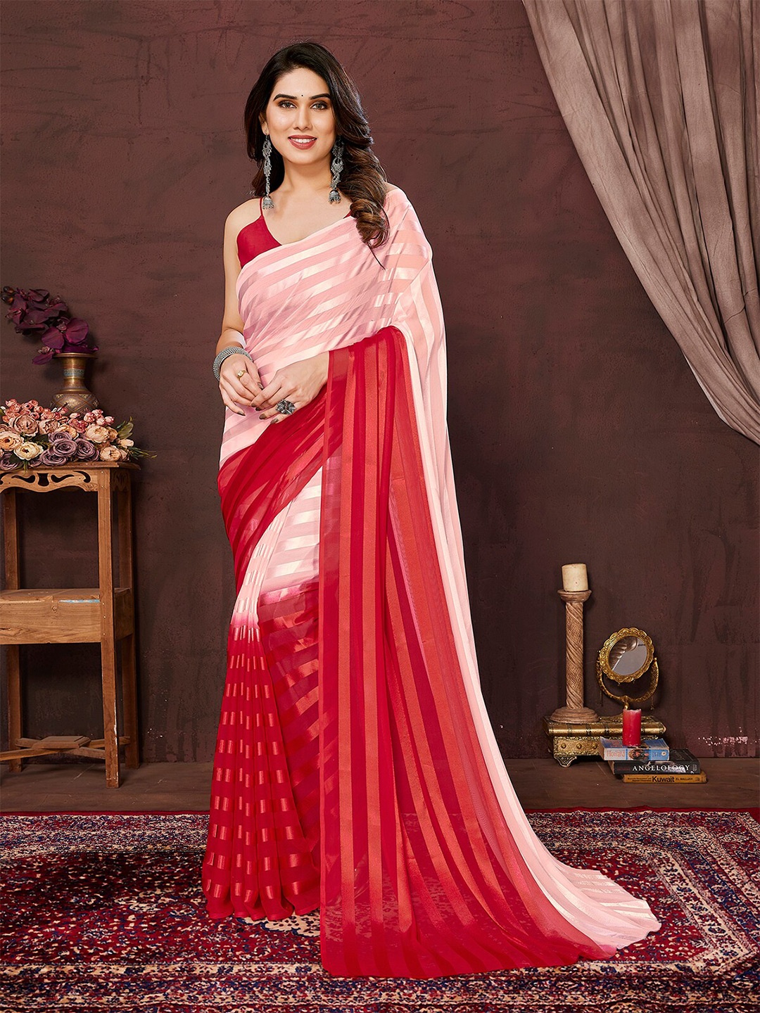 

ANAND SAREES Striped Satin Saree, Red