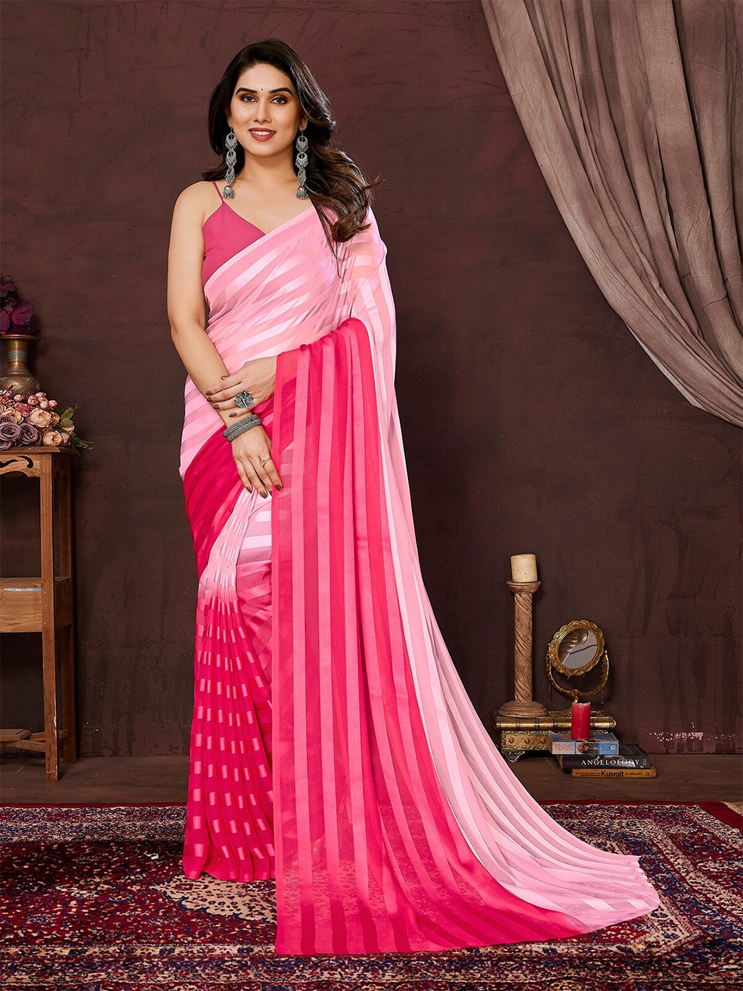

ANAND SAREES Striped Satin Saree, Pink