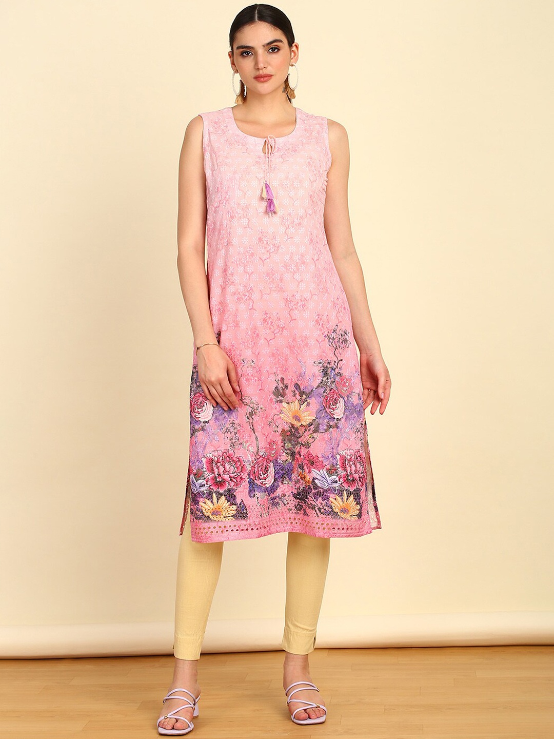 

Soch Pink Floral Printed Keyhole Neck Sleeveless Sequinned Kurta