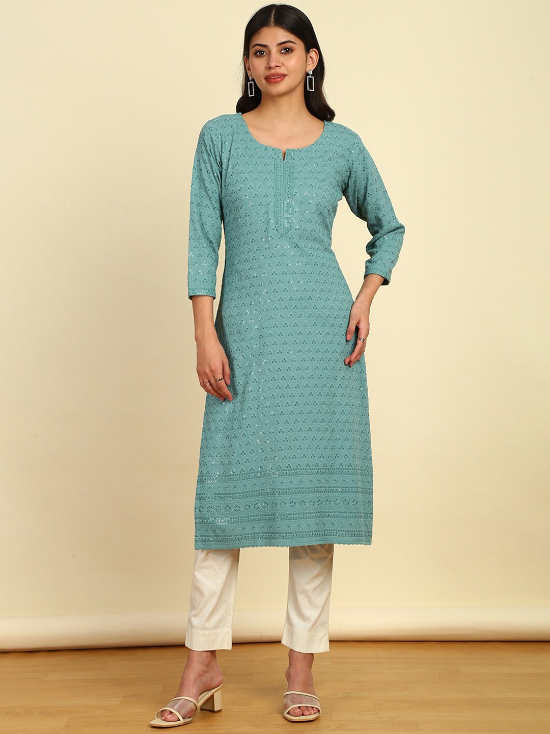 

Soch Ethnic Motifs Embroidered Chikankari Kurta, Teal