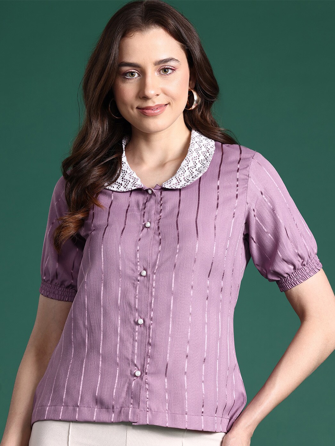 

DressBerry Mauve Striped Peter Pan Collar Puff Sleeve Cotton Shirt Style Top