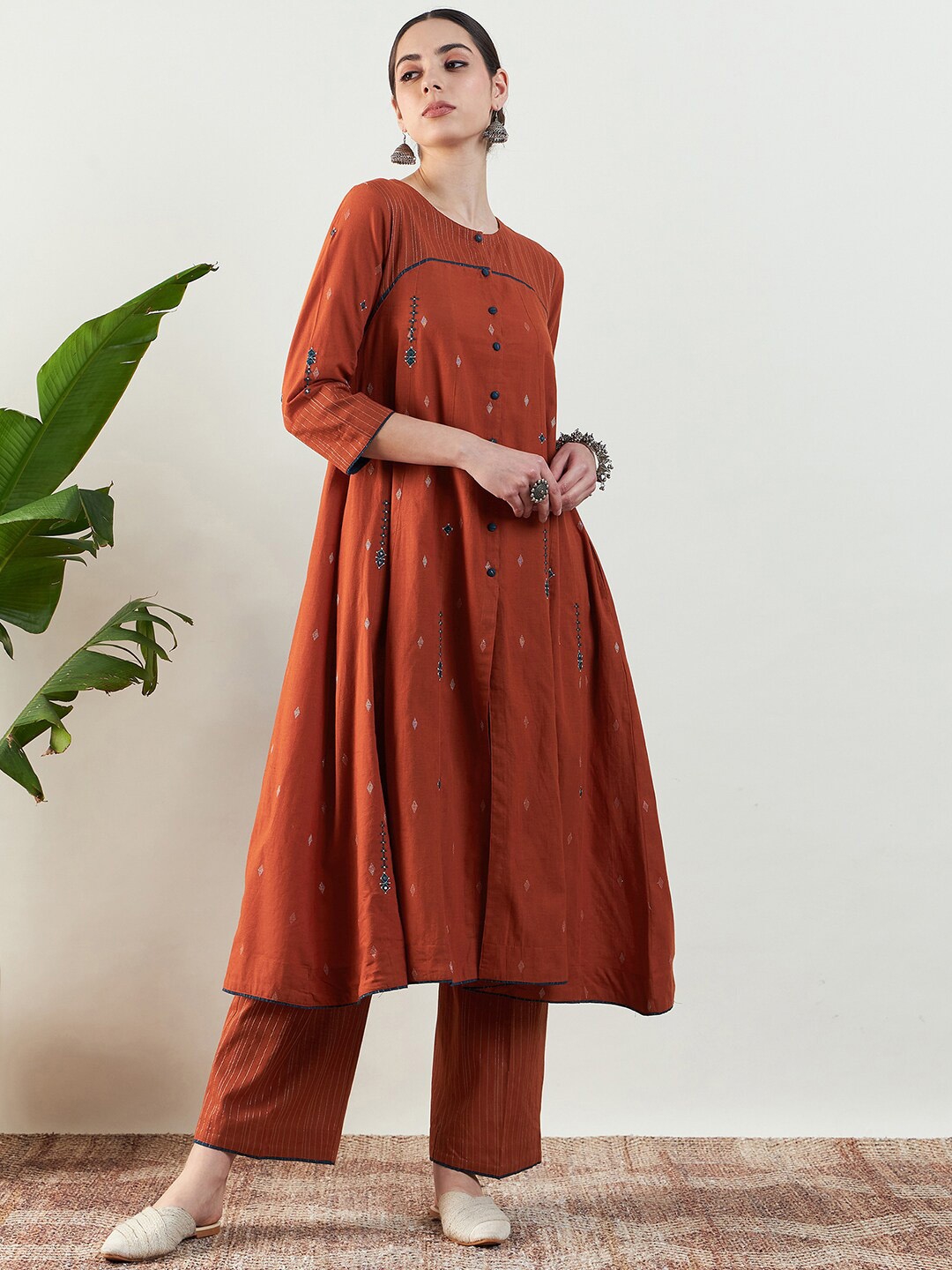 

STADO Ethnic Motifs Embroidered Round Neck Thread Work Anarkali Kurta With Trousers, Rust