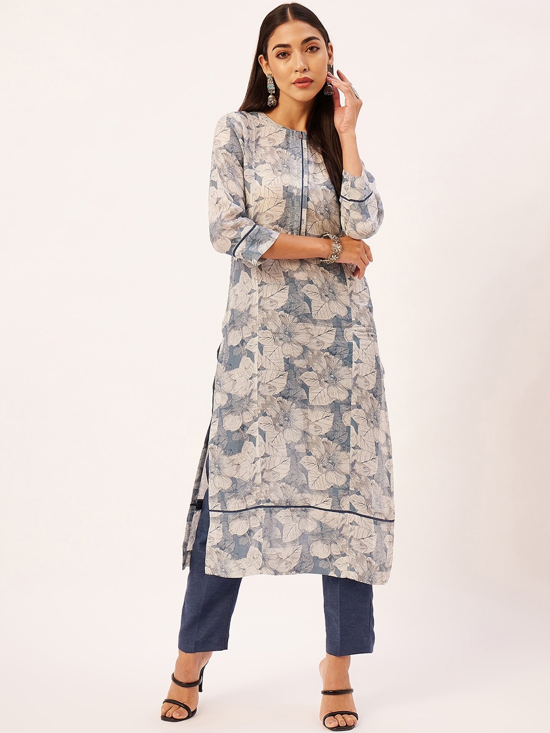 

STADO Floral Printed Round Neck Straight Kurta with Trousers, Grey