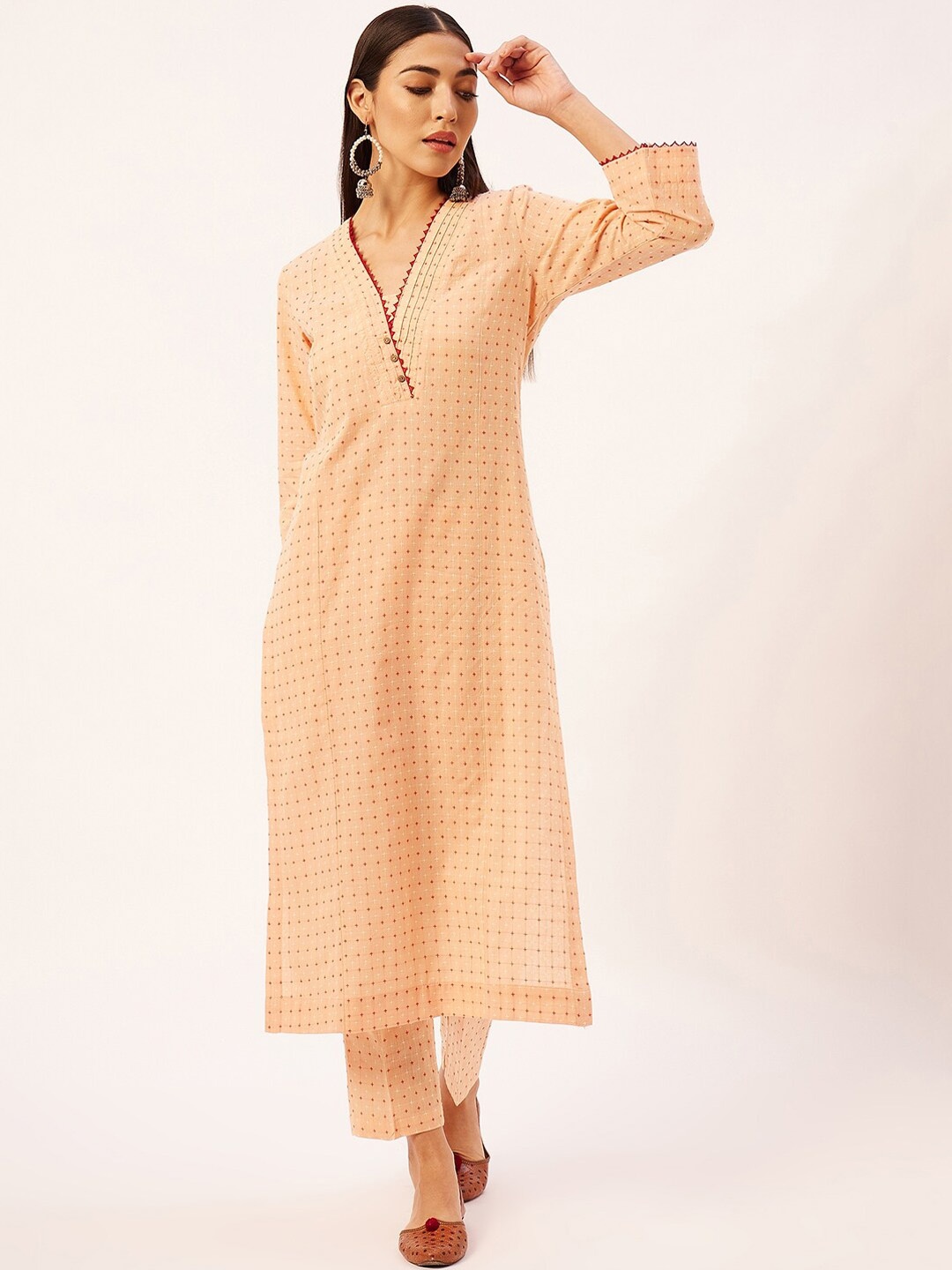 

STADO Ethnic Motifs Printed Kurta with Trousers, Peach