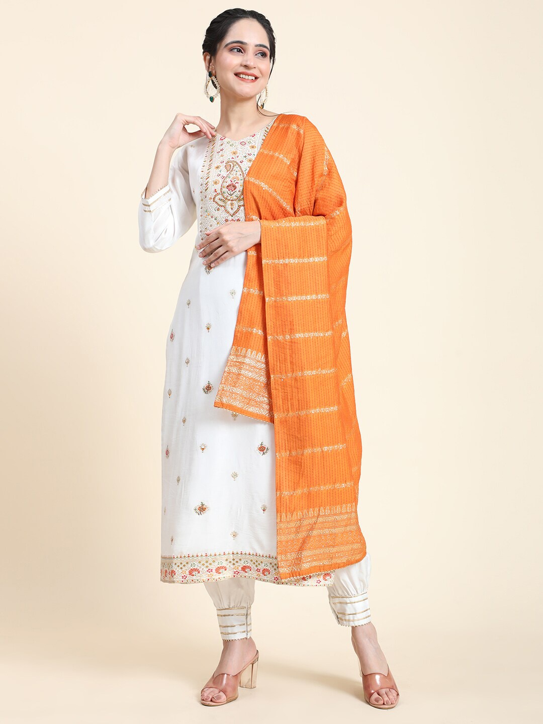 

Aanys Culture Ethnic Motifs Embroidered Beads & Stones A-Line Kurta with Salwar & Dupatta, Orange