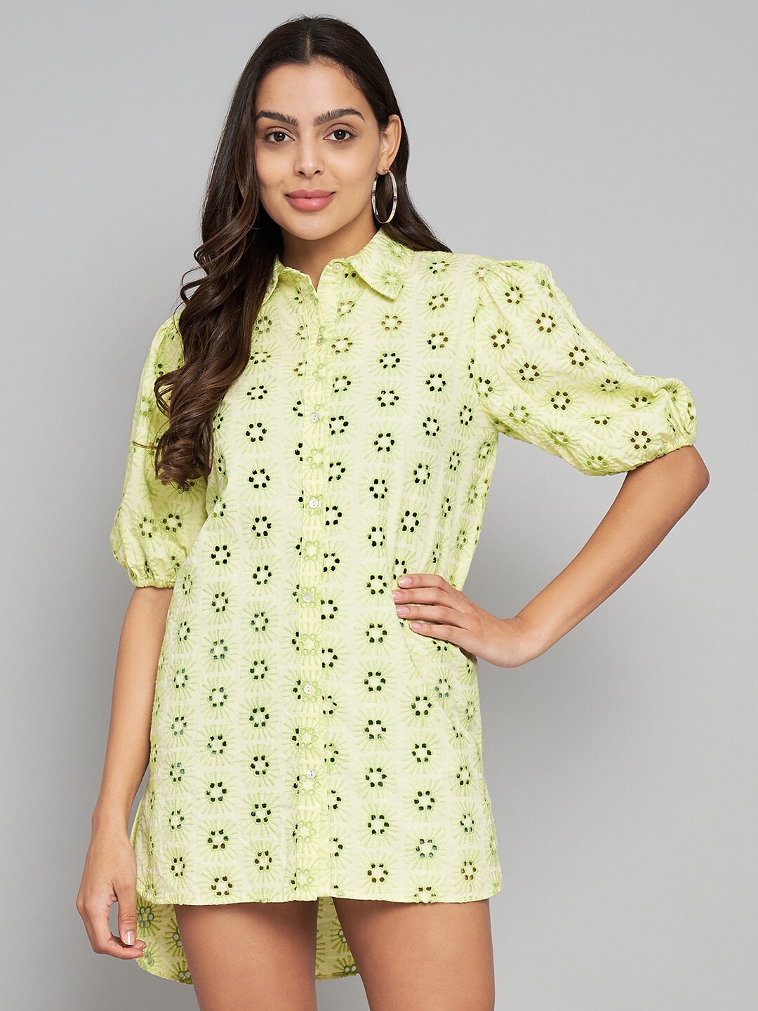 

Amagyaa Shirt Collar Mini Schiffli Dress, Lime green