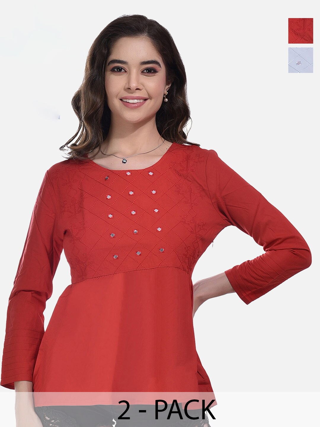 

FIMS Pack Of 2 Geometric Embroidered Gathered Detailed Cotton Peplum Tops, Red