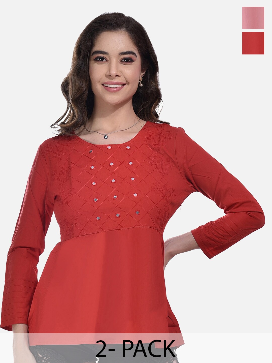 

FIMS Pack Of 2 Embellished Round Neck Gathered Cotton Regular Top, Red