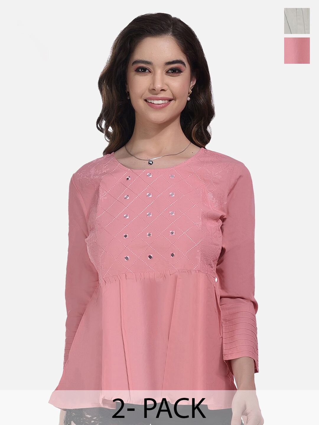 

FIMS Pack Of 2 Geometric Embroidered Gathered Detailed Cotton Peplum Tops, Pink