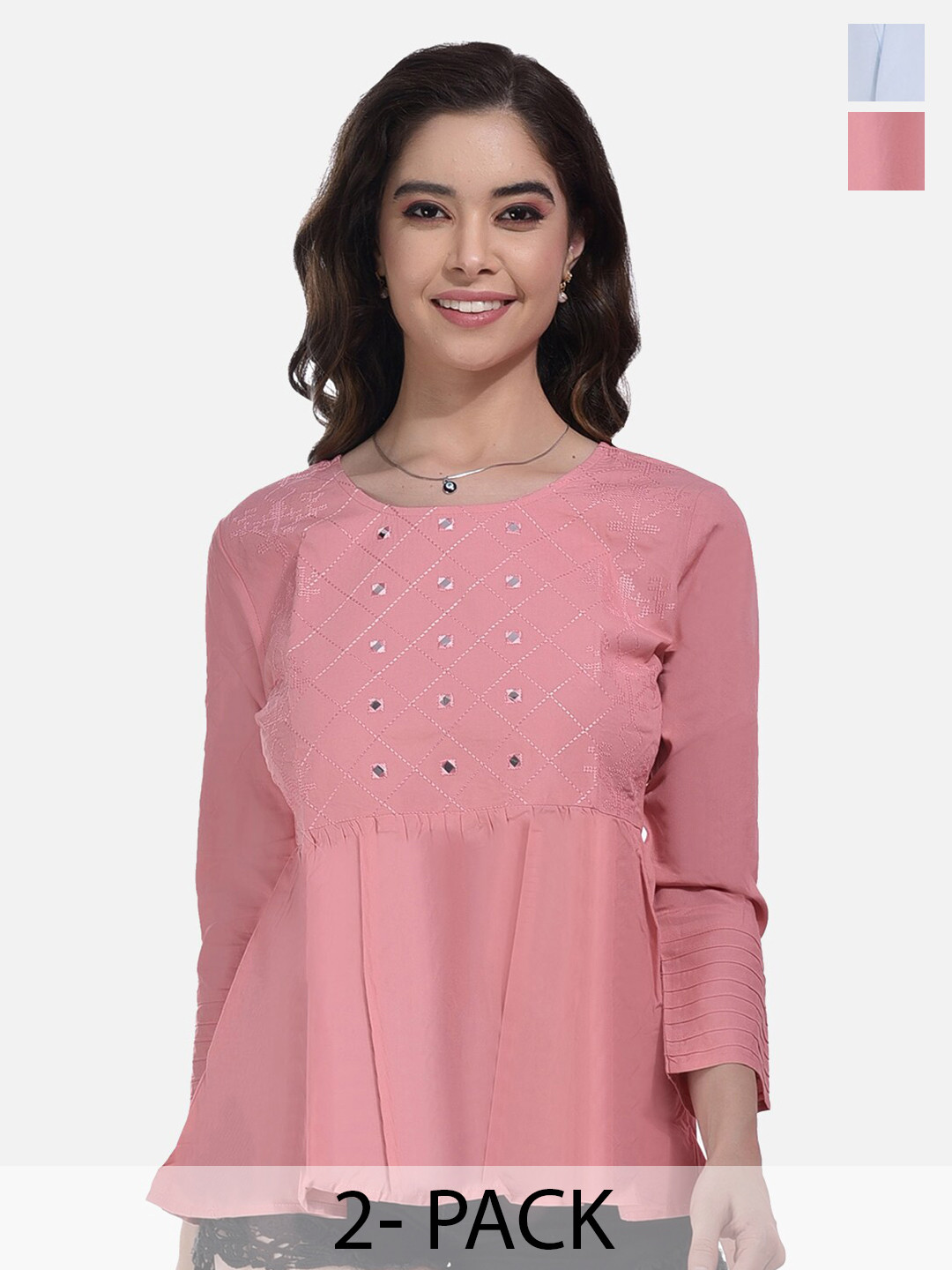 

FIMS Pack Of 2 Geometric Embroidered Gathered Detailed Cotton Peplum Tops, Pink